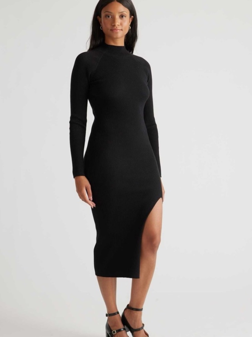 NEW Quince Women Eco-Knit Ribbed Mock Neck Sweater‎ Maxi Dress Black Large
